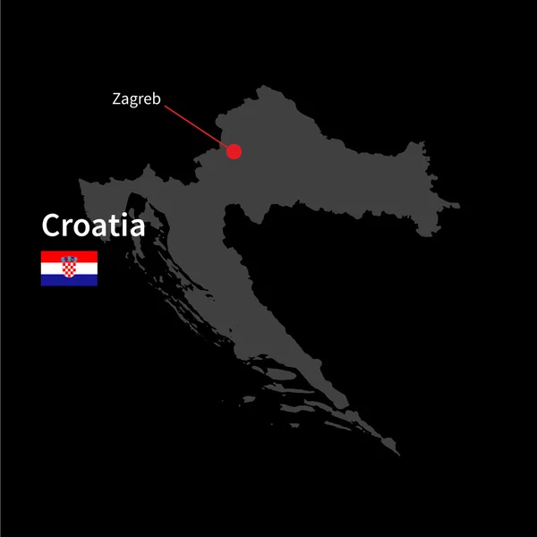 Detailed map of Croatia and capital city Zagreb with flag on black background — Wektor stockowy