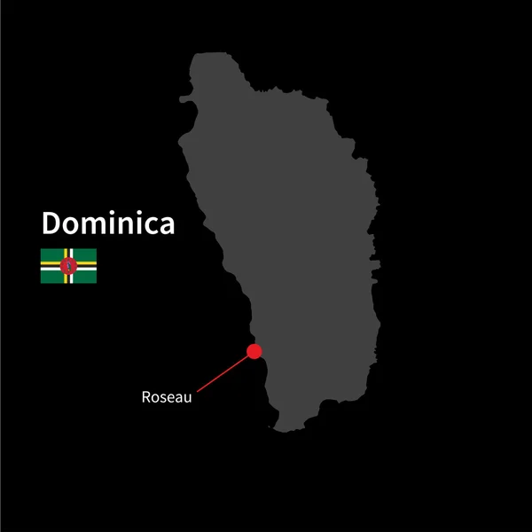 Mapa detallado de Dominica y capital Roseau con la bandera sobre el fondo negro — Vector de stock