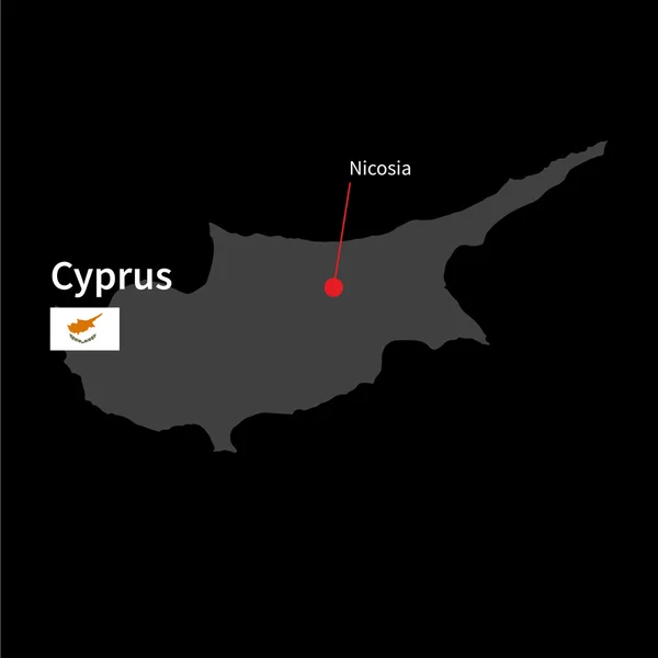 Mapa detallado de Chipre y capital Nicosia con la bandera sobre el fondo negro — Vector de stock