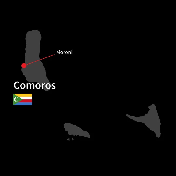 Mapa detallado de Comoras y capital Moroni con la bandera sobre el fondo negro — Vector de stock