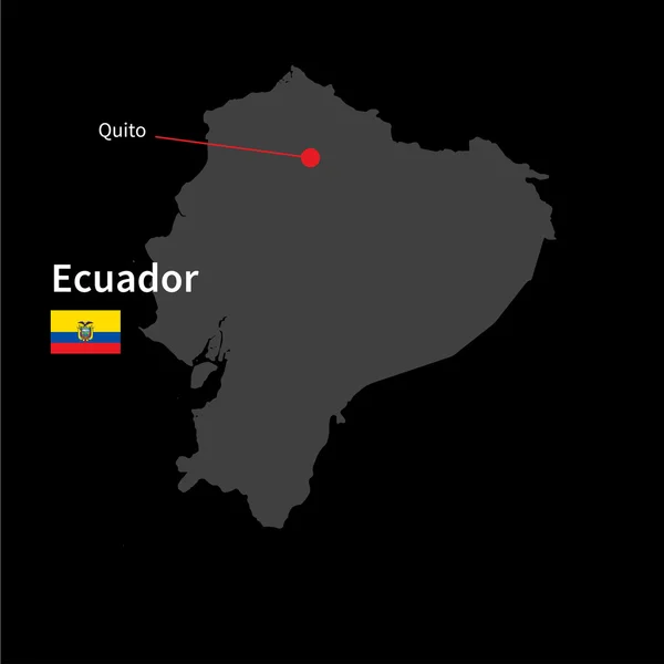 Mapa detallado de Ecuador y capital Quito con bandera sobre fondo negro — Vector de stock