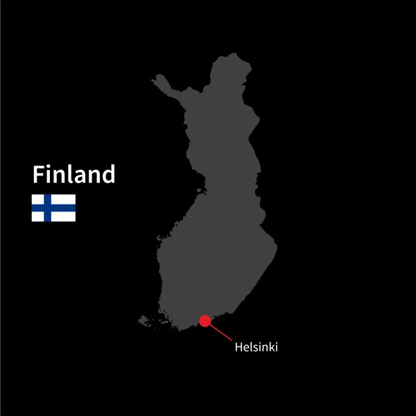 Detailed map of Finland and capital city Helsinki with flag on black background — Stockvector