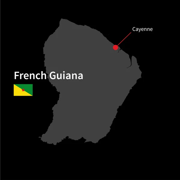 Detailed map of French Guiana and capital city Cayenne with flag on black background — Stock vektor