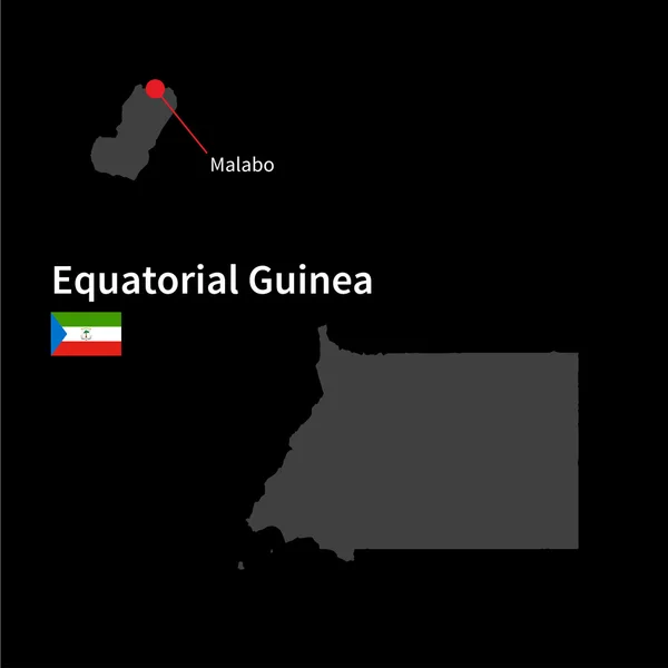 Detaillierte Karte von Äquatorialguinea und der Hauptstadt Malabo mit Flagge auf schwarzem Hintergrund — Stockvektor