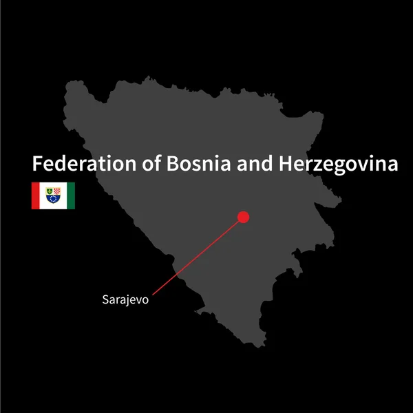 Mapa detallado de Federación de Bosnia y Herzegovina y capital Sarajevo con la bandera sobre el fondo negro — Vector de stock