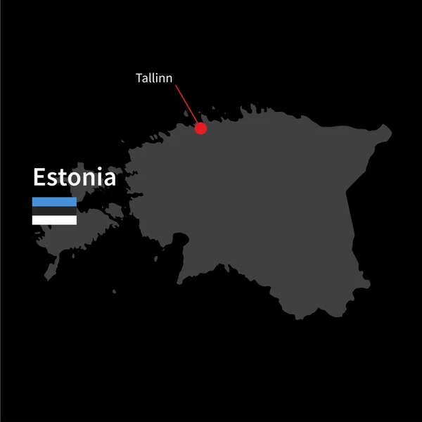 Mapa detallado de Estonia y capital Tallin con la bandera sobre el fondo negro — Vector de stock