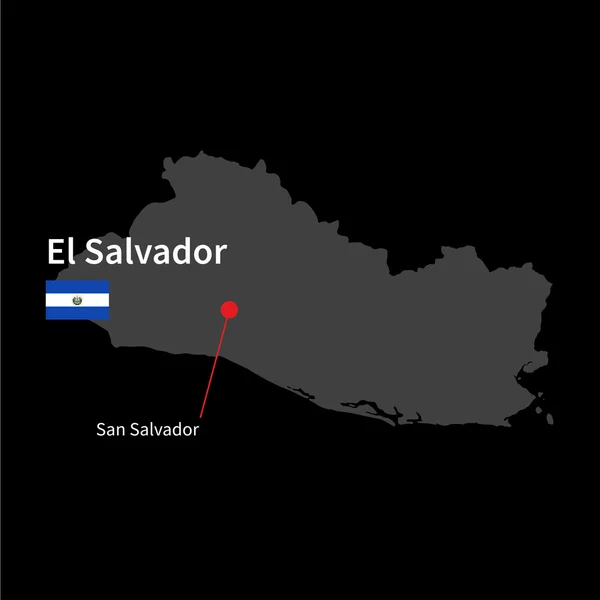 Mapa detallado de El Salvador y capital de San Salvador con la bandera sobre el fondo negro — Vector de stock