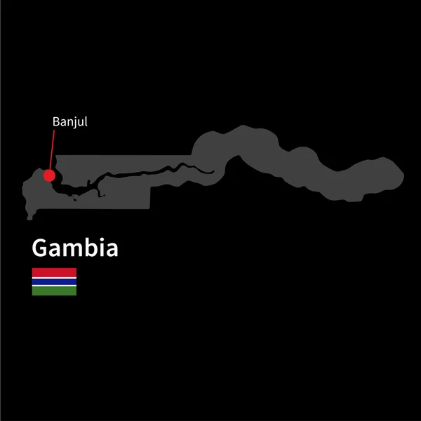 Mapa detallado de Gambia y capital Banjul con la bandera sobre el fondo negro — Vector de stock