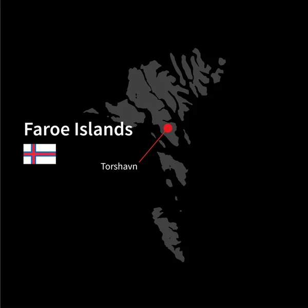 Detailed map of Faroe Islands and capital city Torshavn with flag on black background — Stock Vector