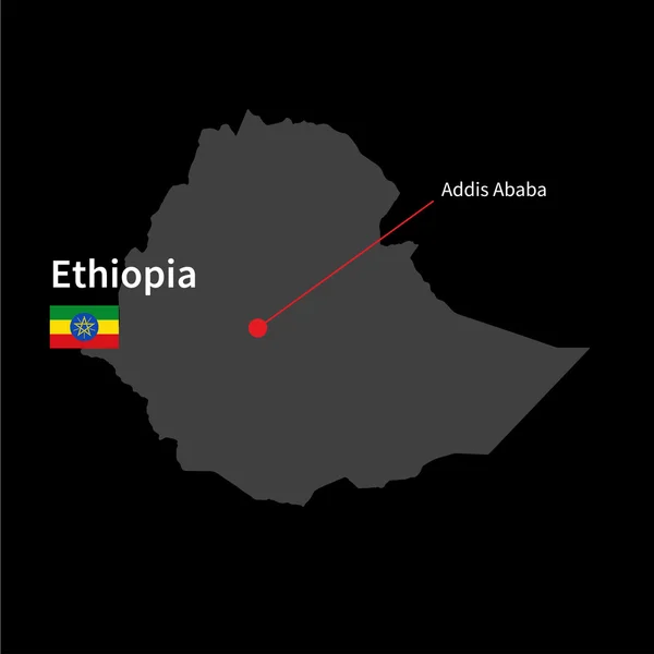 Mapa detallado de Etiopía y capital Addis Abeba con la bandera sobre el fondo negro — Vector de stock