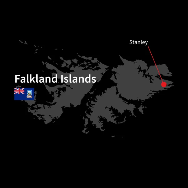 Detailed map of Falkland Islands and capital city Stanley with flag on black background — Stock Vector