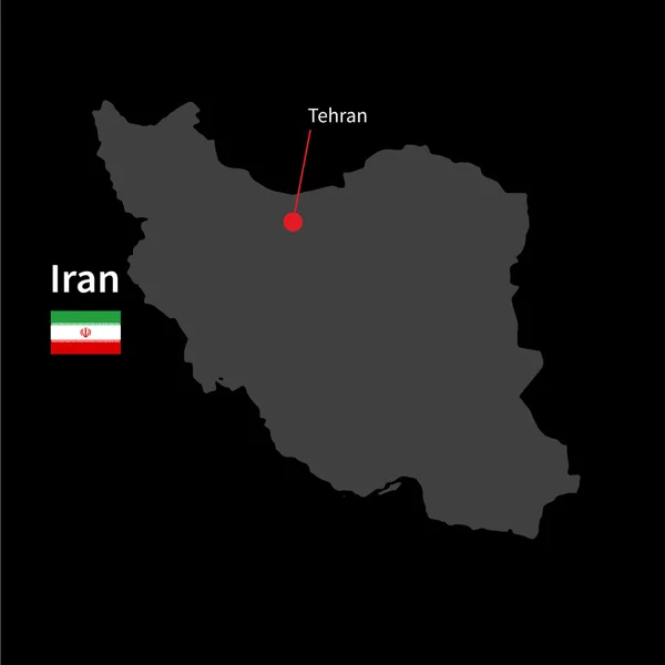 Mappa dettagliata dell'Iran e della capitale Teheran con bandiera su sfondo nero — Vettoriale Stock