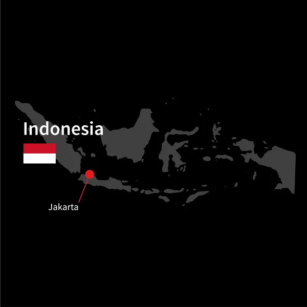 Mapa detallado de Indonesia y capital de Yakarta con la bandera sobre el fondo negro — Archivo Imágenes Vectoriales