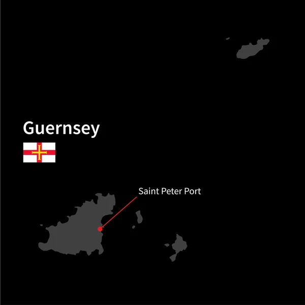 Detailed map of Guernsey and capital city Saint Peter Port with flag on black background — Stock Vector