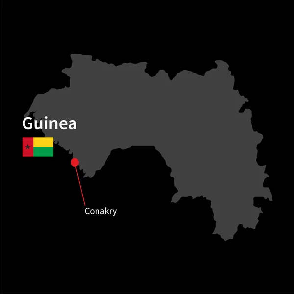 Detailed map of Guinea and capital city Conakry with flag on black background — Stock Vector