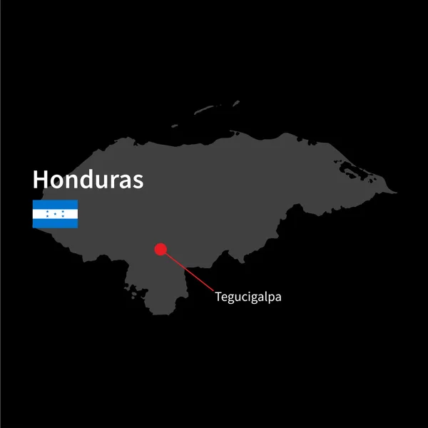 Detailed map of Honduras and capital city Tegucigalpa with flag on black background — Stock Vector