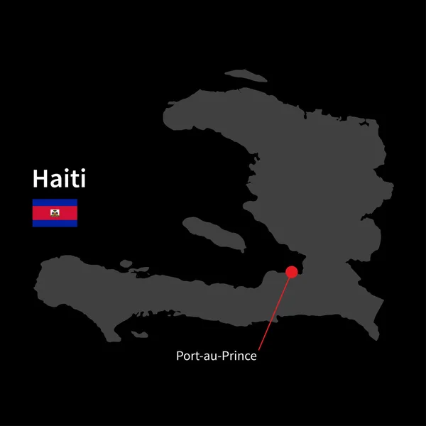 Mapa detallado de Haití y capital Puerto Príncipe con la bandera en el fondo negro — Vector de stock