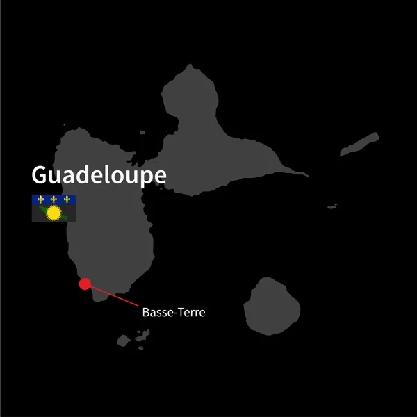 Mapa detallado de Guadalupe y capital Basse-Terre con la bandera sobre el fondo negro — Vector de stock