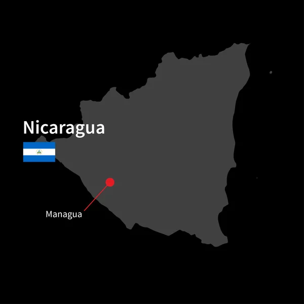 Mappa dettagliata del Nicaragua e della capitale Managua con bandiera su sfondo nero — Vettoriale Stock