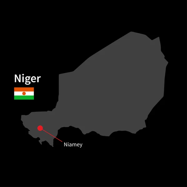 Detailed map of Niger and capital city Niamey with flag on black background — Stock Vector