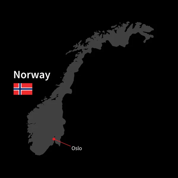 Mapa detallado de Noruega y capital Oslo con la bandera sobre el fondo negro — Vector de stock