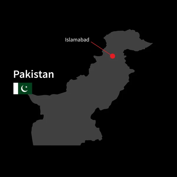 Detailed map of Pakistan and capital city Islamabad with flag on black background — Stok Vektör