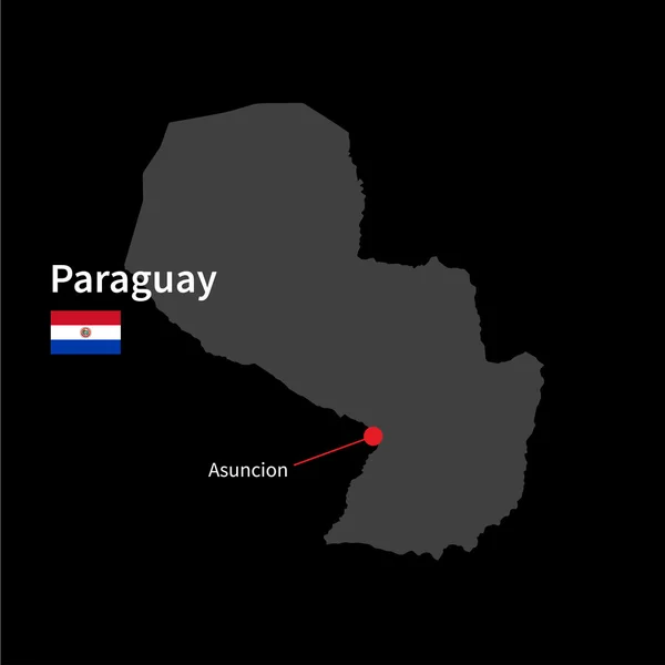 Detailed map of Paraguay and capital city Asuncion with flag on black background — ストックベクタ