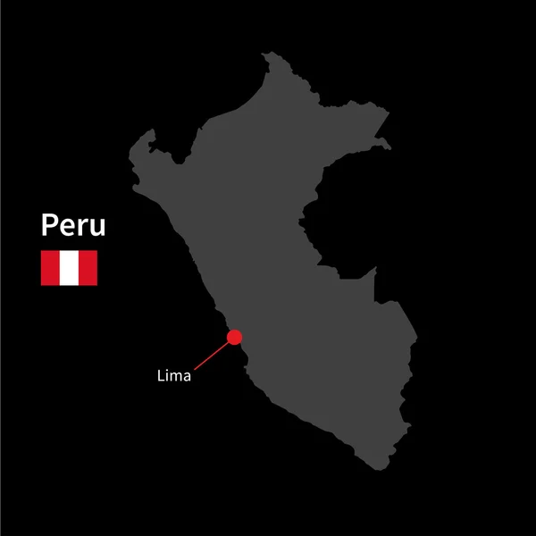 Detailed map of Peru and capital city Lima with flag on black background — Stock vektor