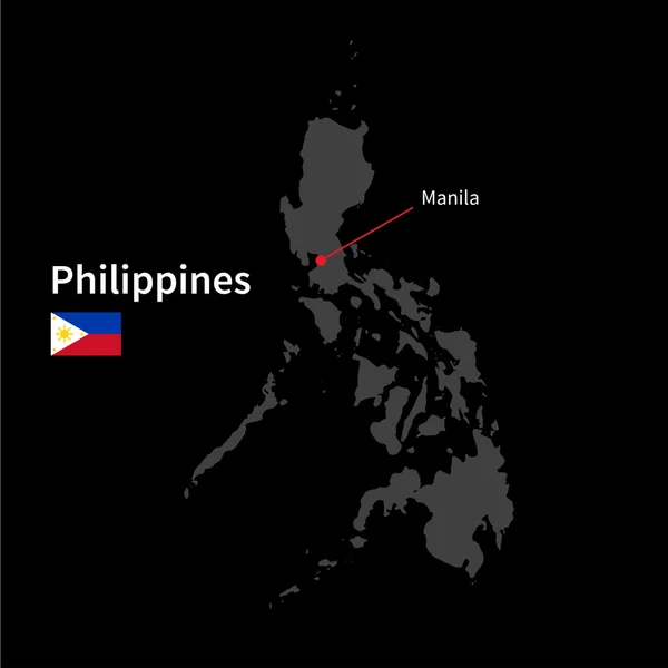 Detailed map of Philippines and capital city Manila with flag on black background — Stock Vector