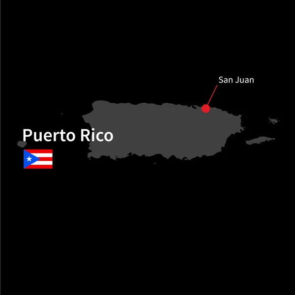 Mapa detallado de Puerto Rico y ciudad capital San Juan con la bandera sobre el fondo negro — Vector de stock