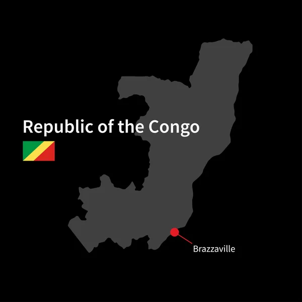 Detailed map of Republic of the Congo and capital city Brazzaville with flag on black background — Stock Vector