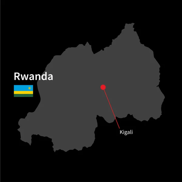 Mapa detallado de Ruanda y capital Kigali con la bandera sobre el fondo negro — Vector de stock