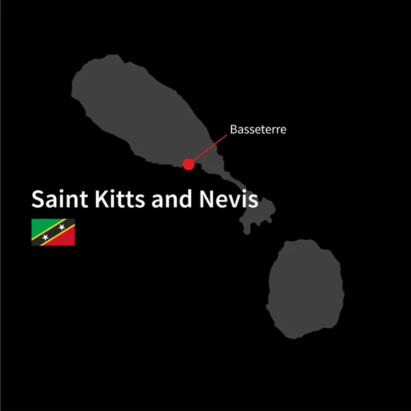 Detailed map of Saint Kitts and Nevis and capital city Basseterre with flag on black background — Stock Vector