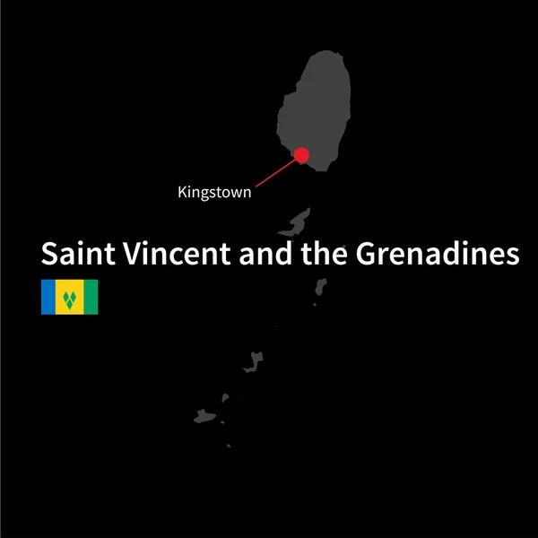 Detailed map of Saint Vincent and the Grenadines and capital city Kingstown with flag on black background — Stock Vector