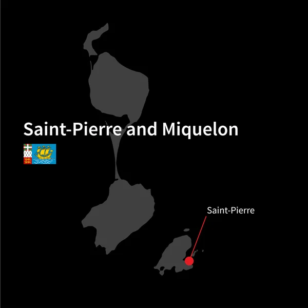 Mapa detallado de Saint-Pierre y Miquelón y capital Saint-Pierre con la bandera sobre el fondo negro — Vector de stock