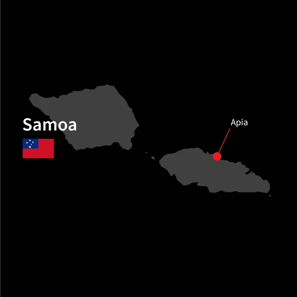 Mapa detallado de Samoa y capital Apia con la bandera sobre el fondo negro — Vector de stock