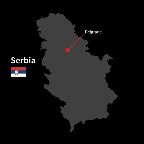 Detailed map of Serbia and capital city Belgrade with flag on black background — Stock Vector