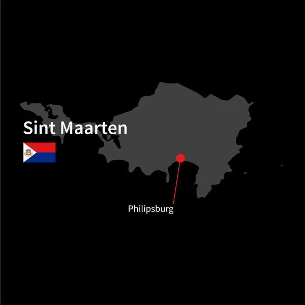 Detailed map of Sint Maarten and capital city Philipsburg with flag on black background — Stockvector