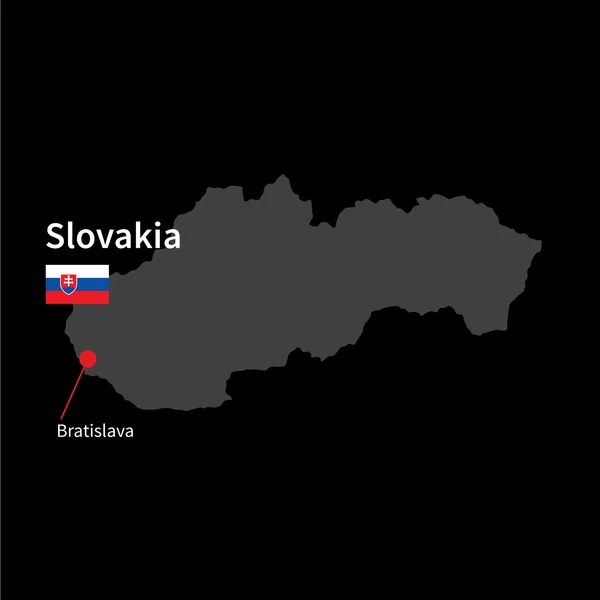 Detailed map of Slovakia and capital city Bratislava with flag on black background — Stock Vector