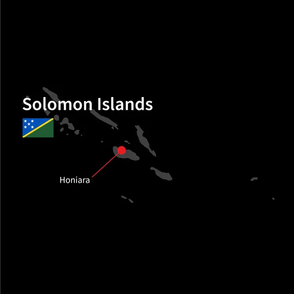 Mapa detallado de Islas Salomón y capital Honiara con la bandera sobre el fondo negro — Vector de stock