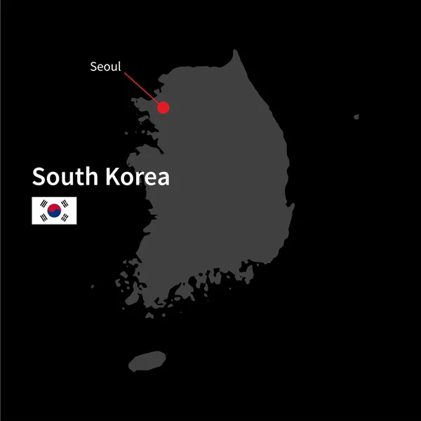 Mapa detallado de Corea del Sur y capital Seúl con la bandera sobre el fondo negro — Vector de stock