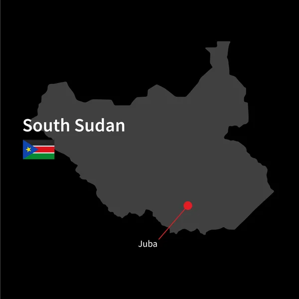 Mapa detallado de Sudán del Sur y capital Juba con la bandera sobre el fondo negro — Vector de stock