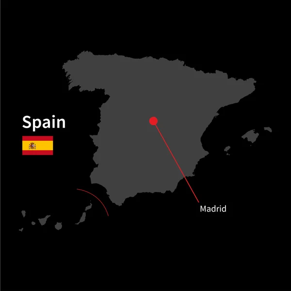 Detaillierte Karte von Spanien und Madrids Hauptstadt mit Fahne auf schwarzem Hintergrund — Stockvektor