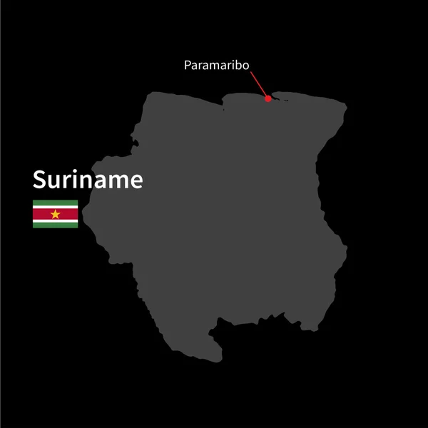 Подробная карта Суринама и столицы Парамарибо с флагом на черном фоне — стоковый вектор