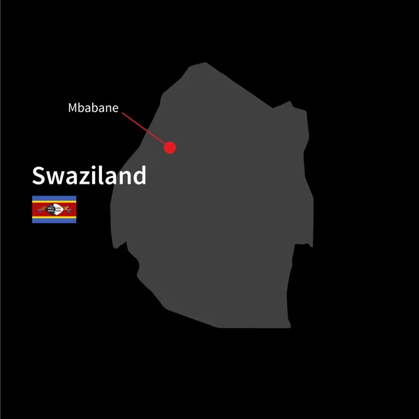 Detailed map of Swaziland and capital city Mbabane with flag on black background — Stok Vektör
