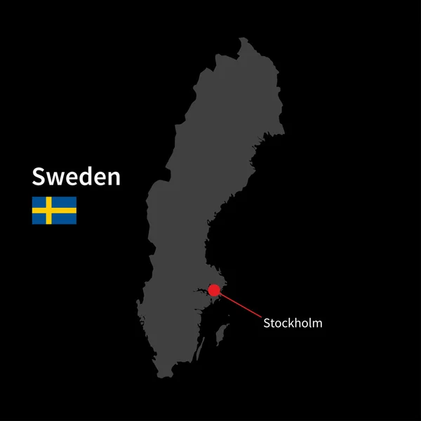 Detailed map of Sweden and capital city Stockholm with flag on black background — Stok Vektör