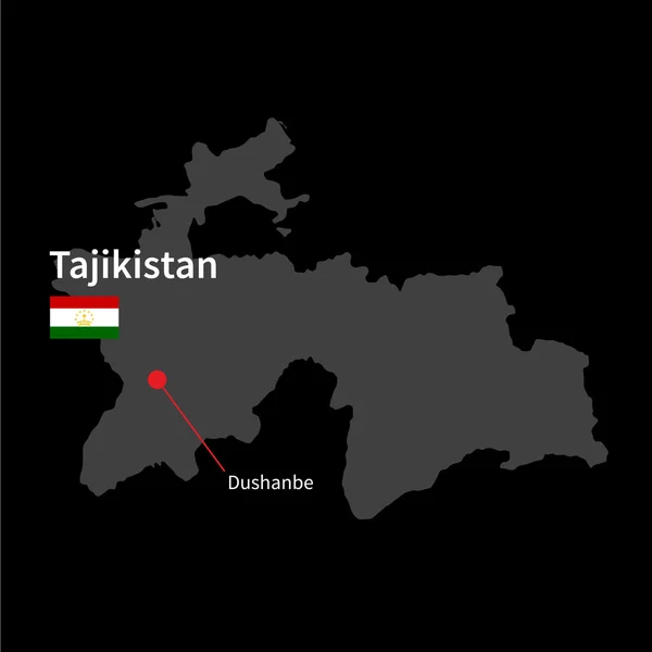 Detailed map of Tajikistan and capital city Dushanbe with flag on black background — Stock vektor