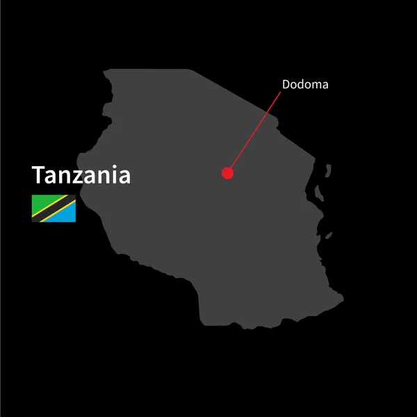 Mapa detallado de Tanzania y capital Dodoma con la bandera sobre el fondo negro — Vector de stock