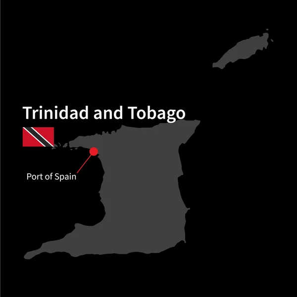 Mapa detalhado de Trinidad e Tobago e capital Port of Spain com bandeira em fundo preto — Vetor de Stock