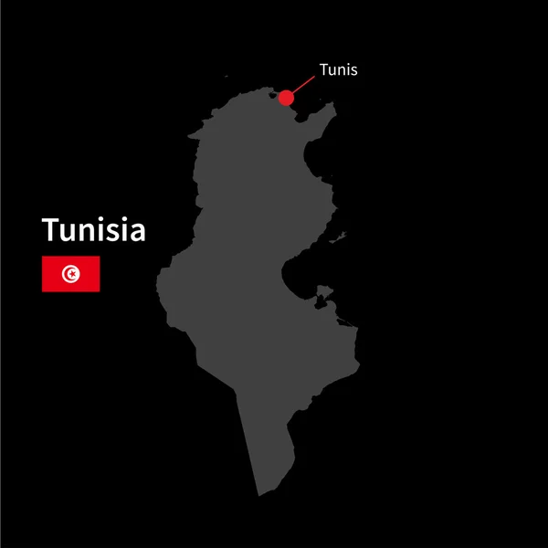 Detailed map of Tunisia and capital city Tunis with flag on black background — Stock Vector